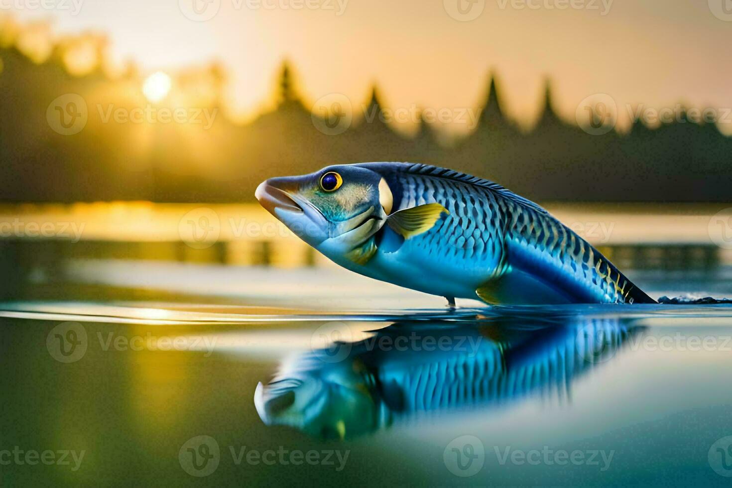 un' pesce è galleggiante su il acqua a tramonto. ai-generato foto