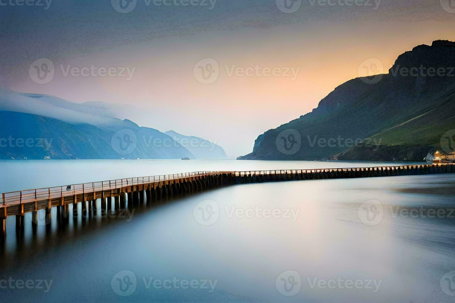 un' lungo esposizione fotografia di un' molo nel il oceano. ai-generato foto