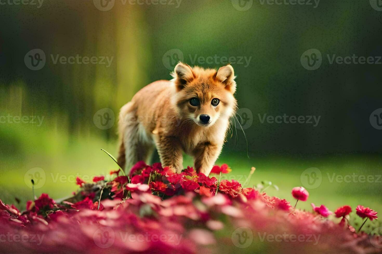 un' Volpe è in piedi su superiore di un' mucchio di fiori. ai-generato foto