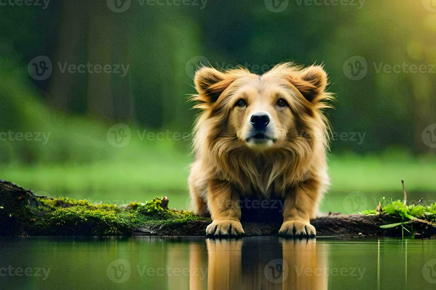 un' cane seduta su un' log nel il acqua. ai-generato foto