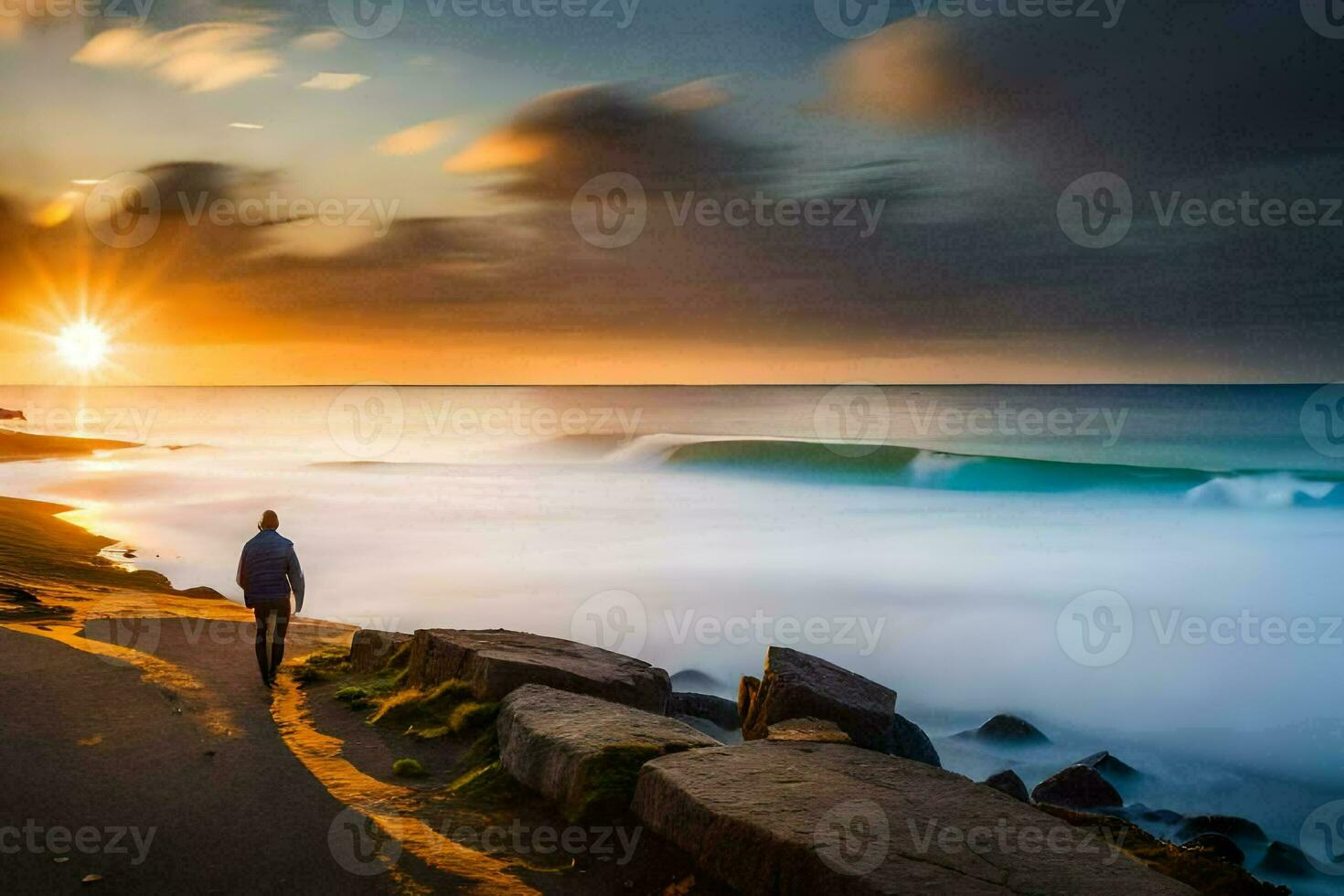 un' uomo passeggiate lungo il spiaggia a tramonto. ai-generato foto