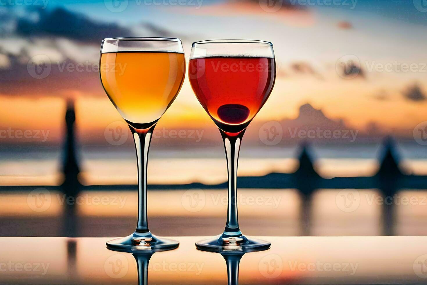 Due bicchieri di vino con tramonto nel il sfondo. ai-generato foto