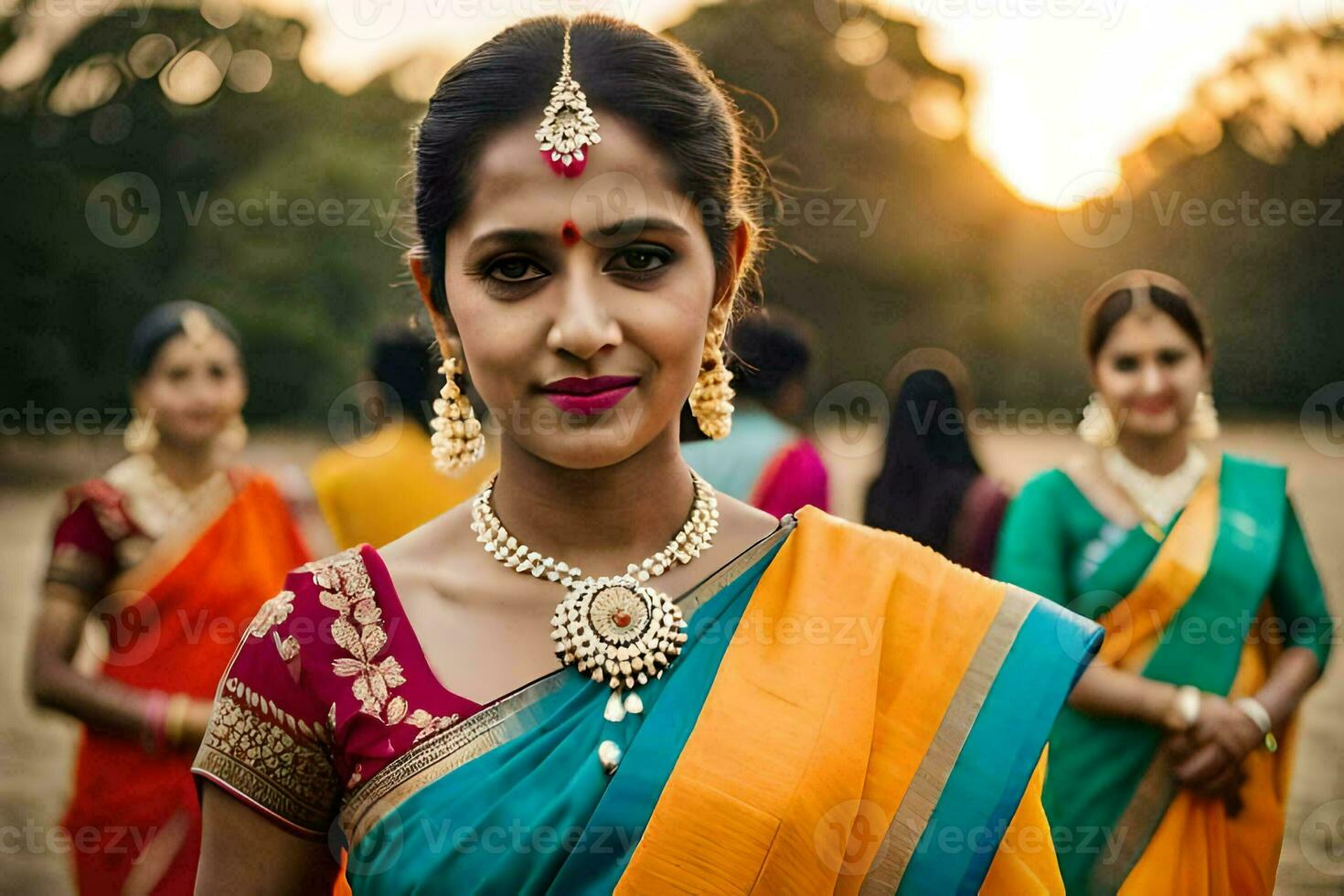 un' donna nel un' colorato sari in piedi nel davanti di altro donne. ai-generato foto