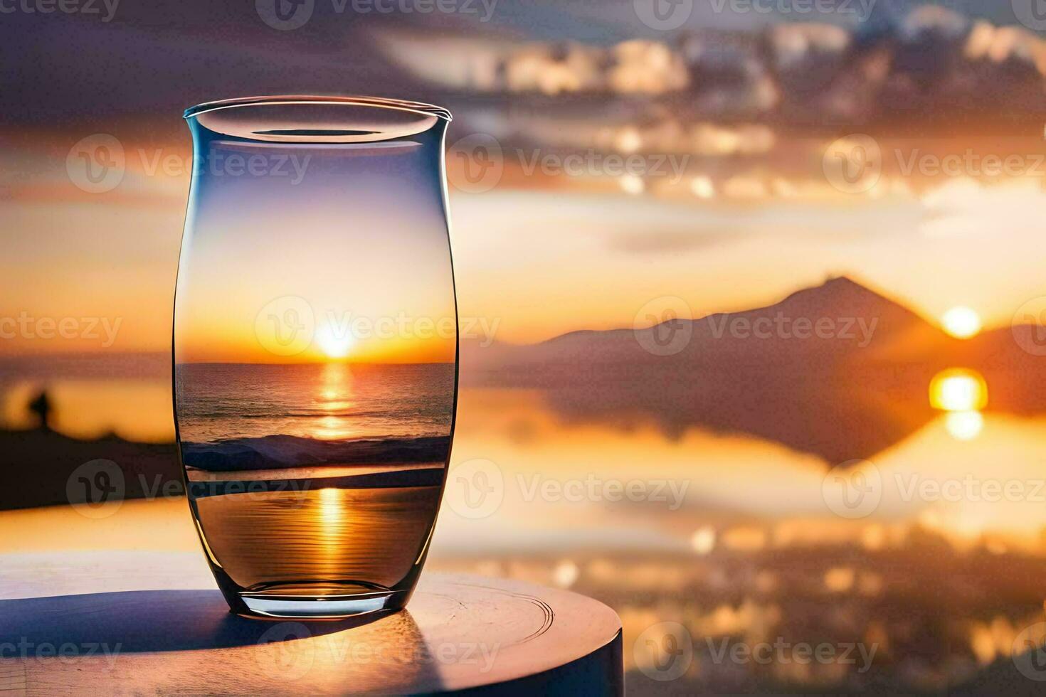 un' bicchiere di acqua seduta su un' tavolo con il sole ambientazione dietro a esso. ai-generato foto