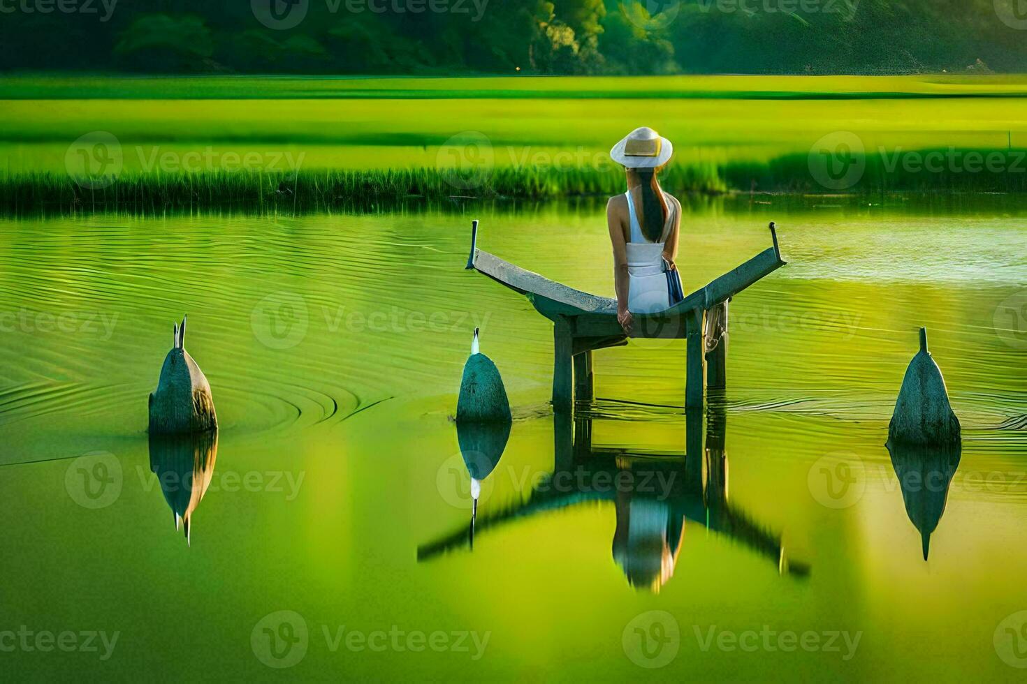 un' donna seduta su un' barca nel un' lago. ai-generato foto