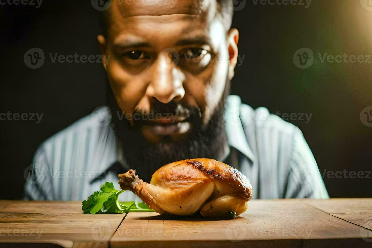 un' uomo con un' barba e un' barba seduta nel davanti di un' pollo. ai-generato foto