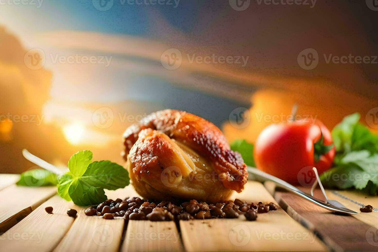 il pollo è su un' di legno tavolo con pomodori e spezie. ai-generato foto
