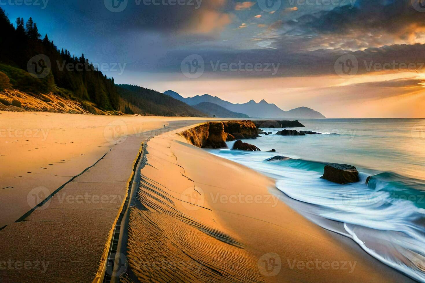 il sole imposta al di sopra di un' spiaggia e montagne. ai-generato foto