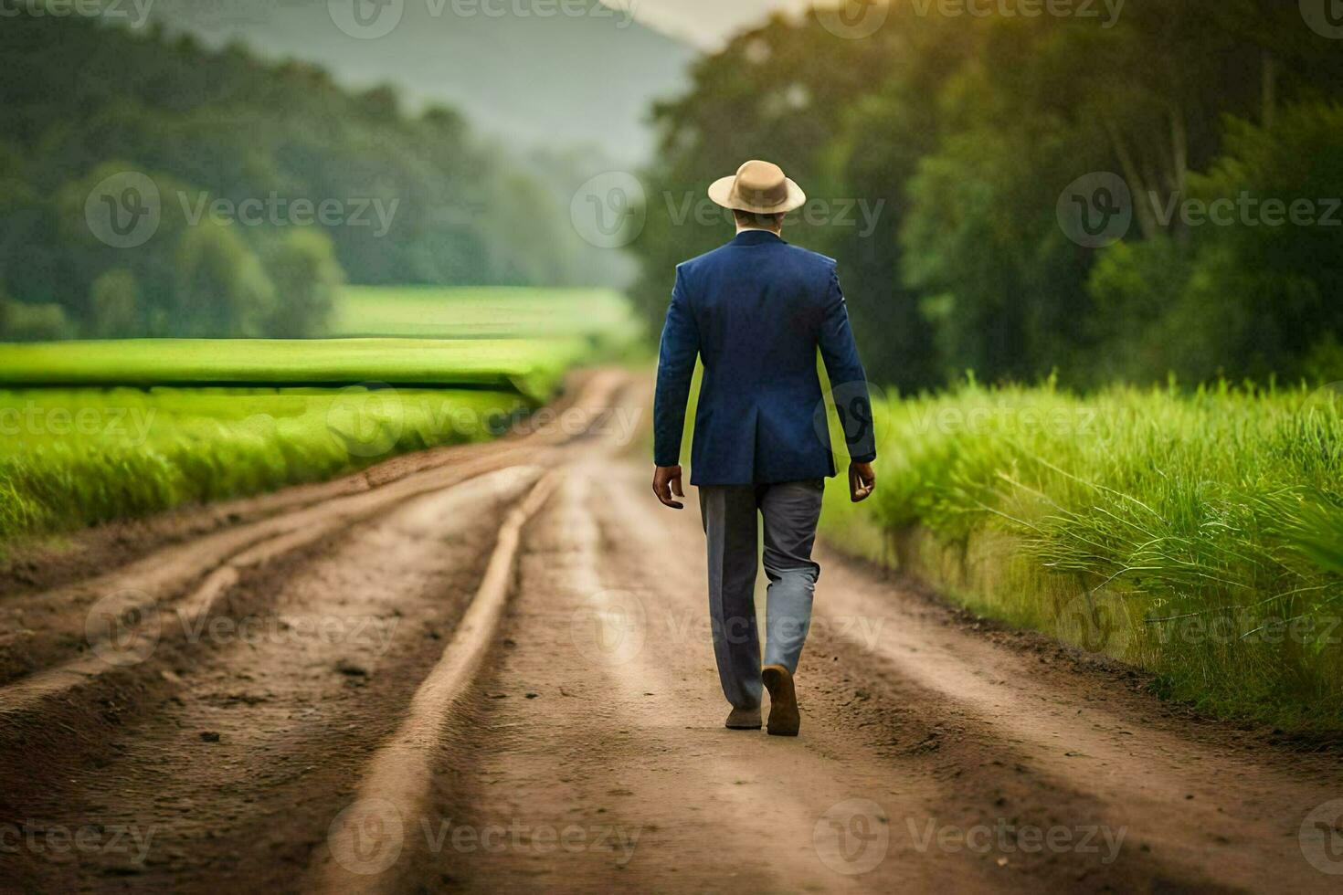 un' uomo nel un' completo da uomo e cappello passeggiate giù un' sporco strada. ai-generato foto