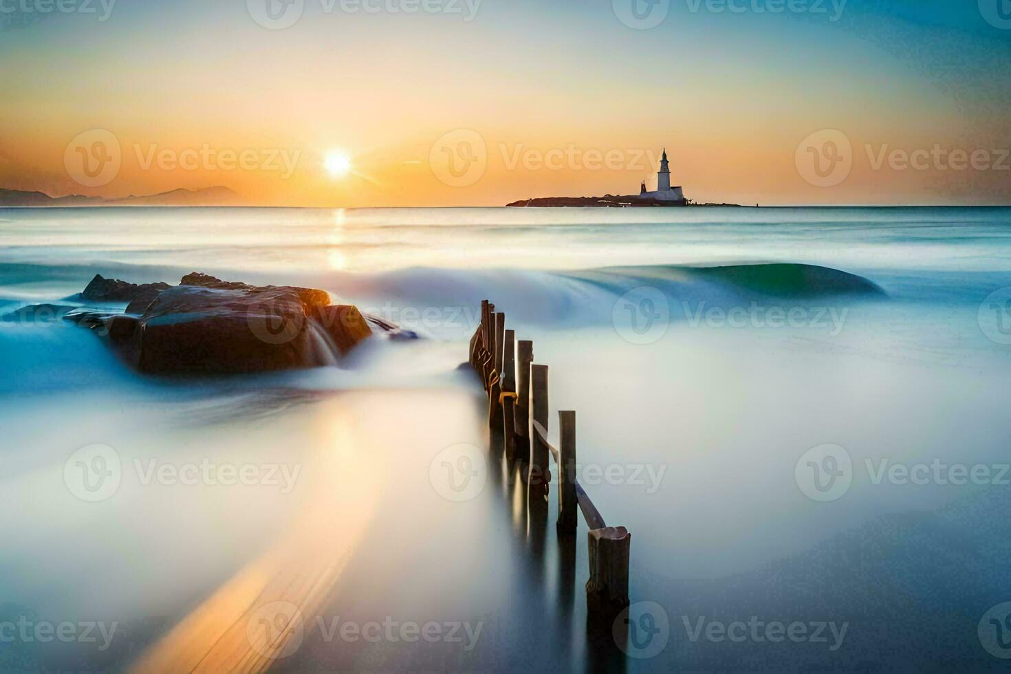 un' faro nel il oceano a tramonto. ai-generato foto