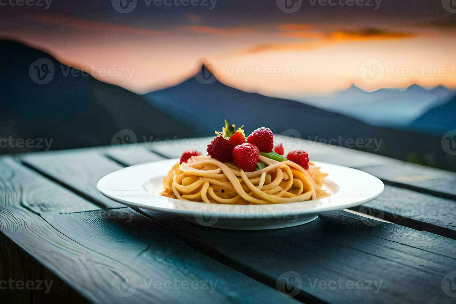 un' piatto di pasta con frutti di bosco e un' montagna Visualizza. ai-generato foto