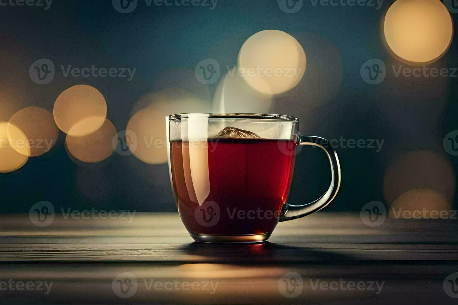 un' tazza di tè su un' di legno tavolo con bokeh luci. ai-generato foto