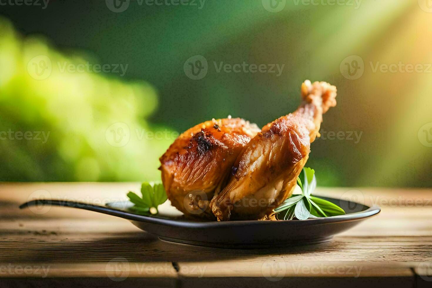 un' pollo su un' piatto con un' verde sfondo. ai-generato foto