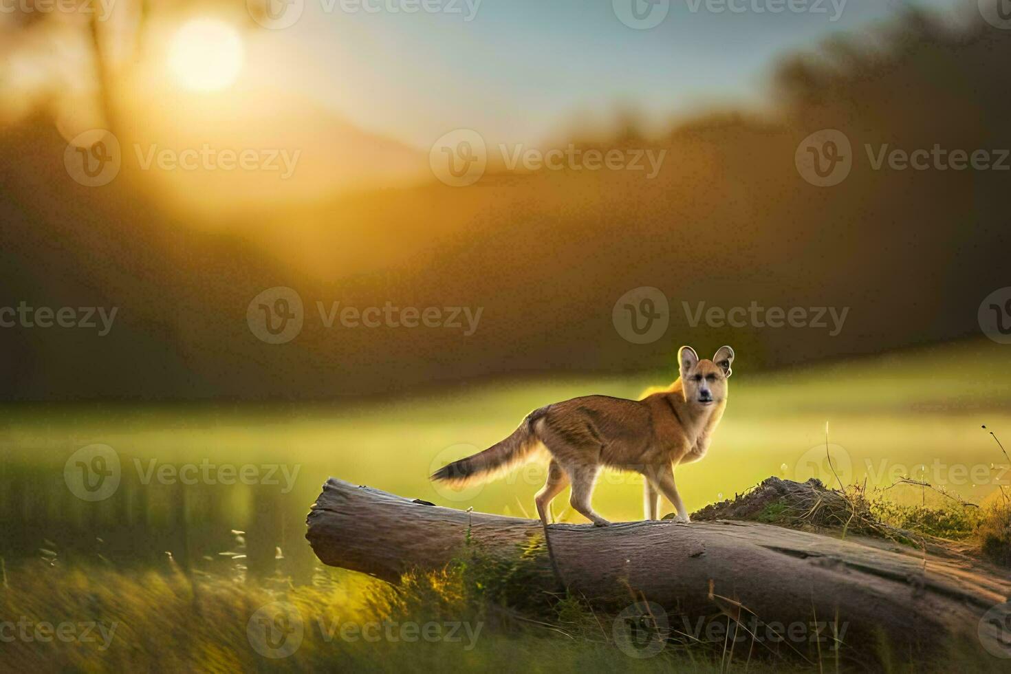 un' cane in piedi su un' log nel davanti di un' lago. ai-generato foto