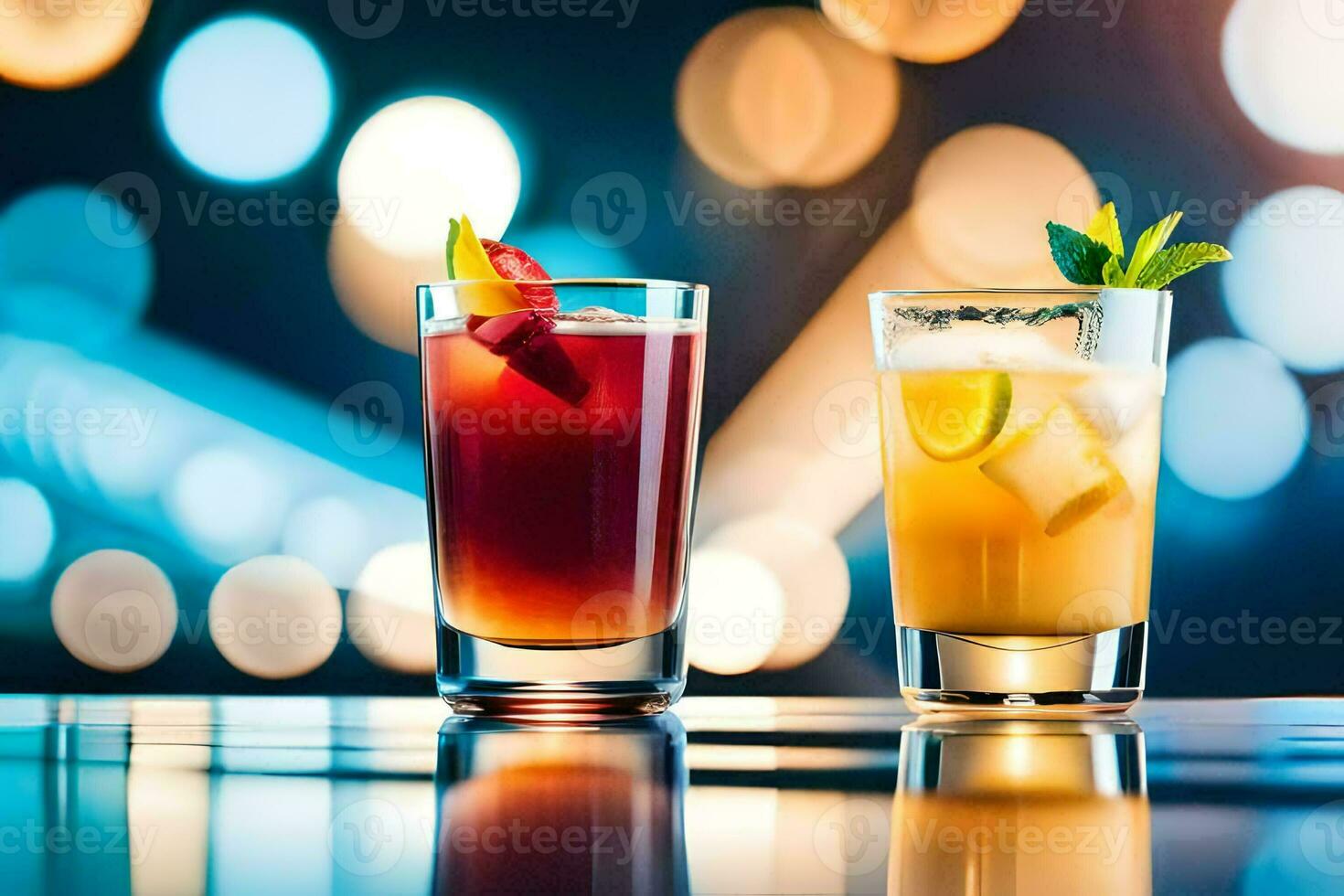 Due bicchieri di cocktail su un' tavolo con luci nel il sfondo. ai-generato foto