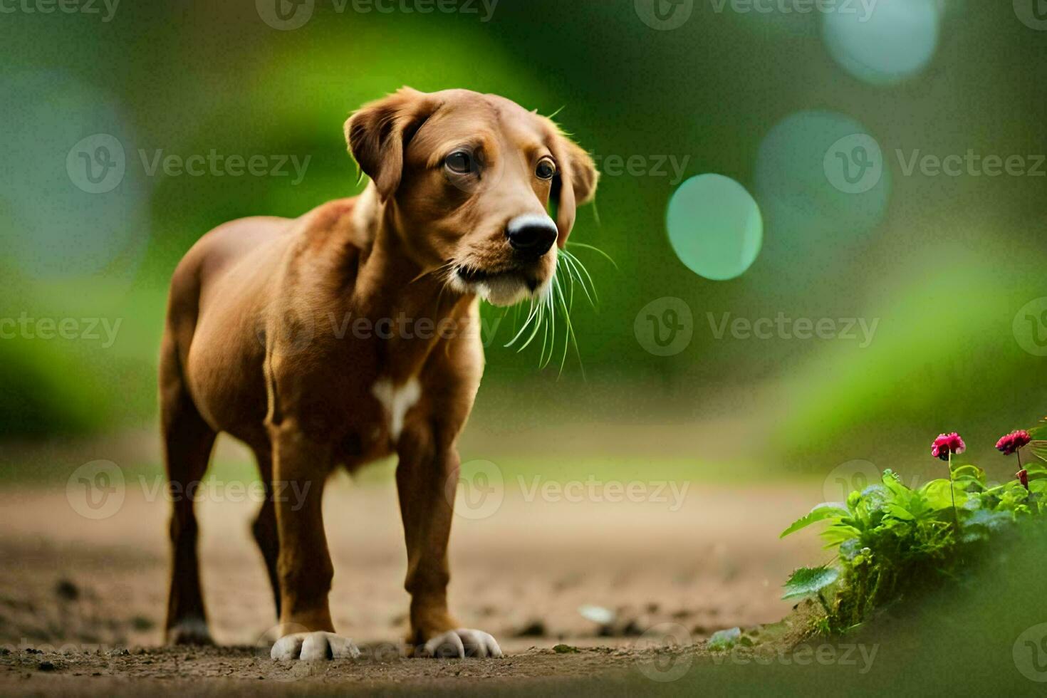 un' Marrone cane in piedi su un' sporco strada. ai-generato foto