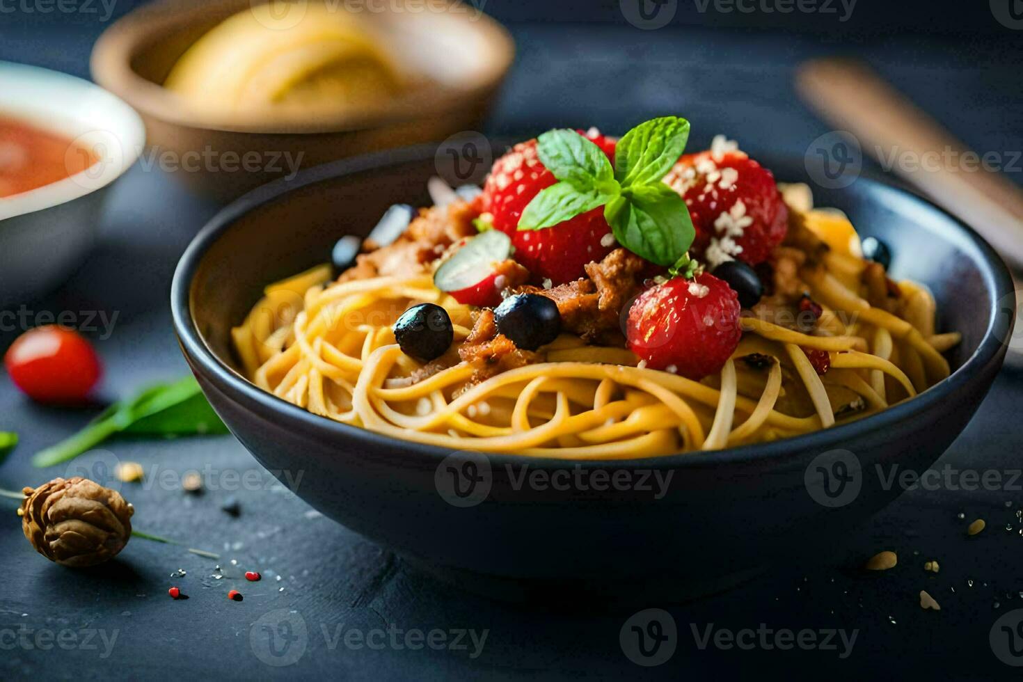 spaghetti con carne e pomodori nel un' ciotola. ai-generato foto