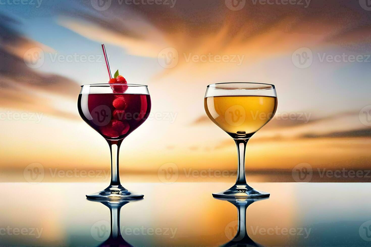 Due bicchieri di vino con un' ciliegia su il tavolo. ai-generato foto
