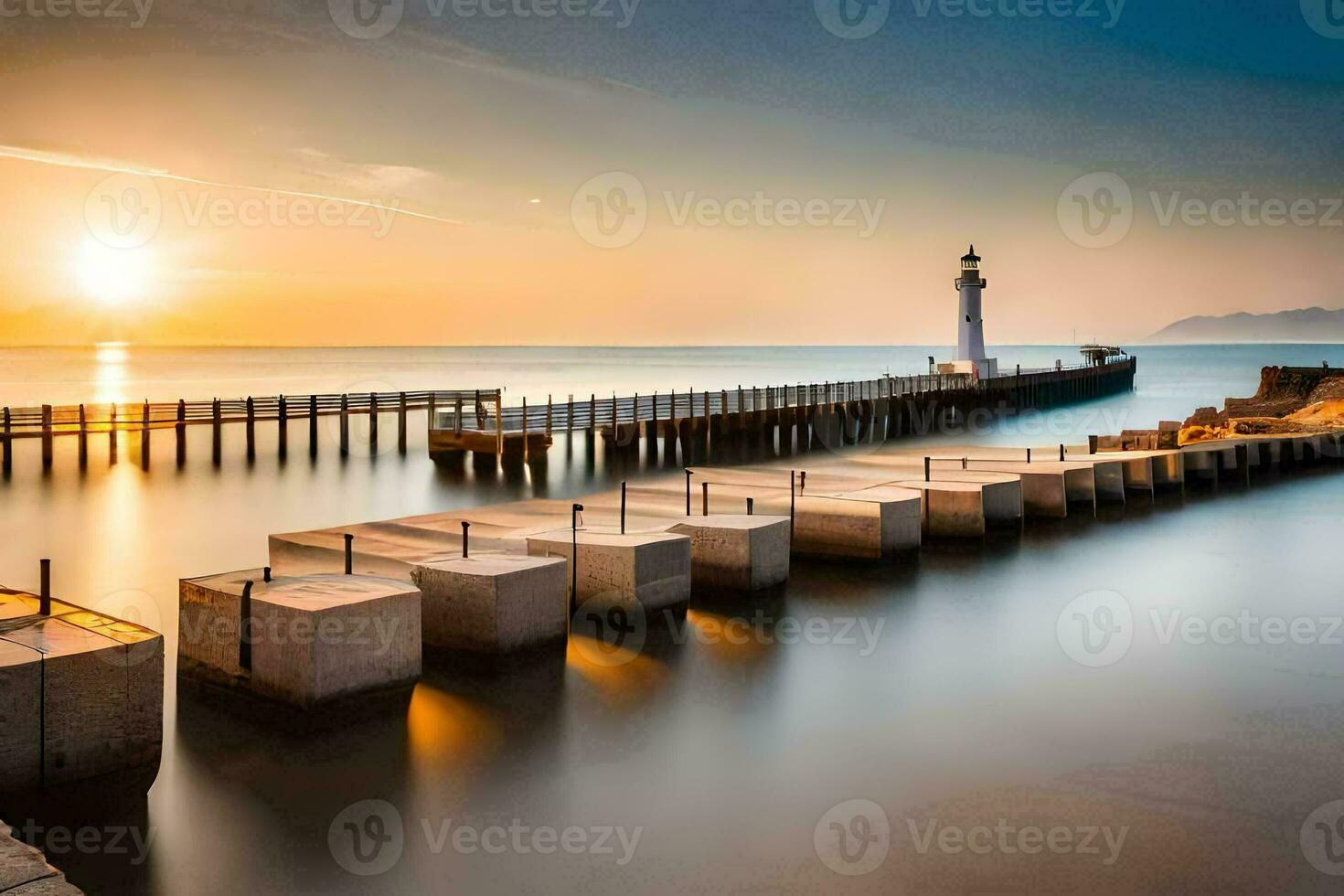 un' lungo esposizione fotografia di un' molo a tramonto. ai-generato foto