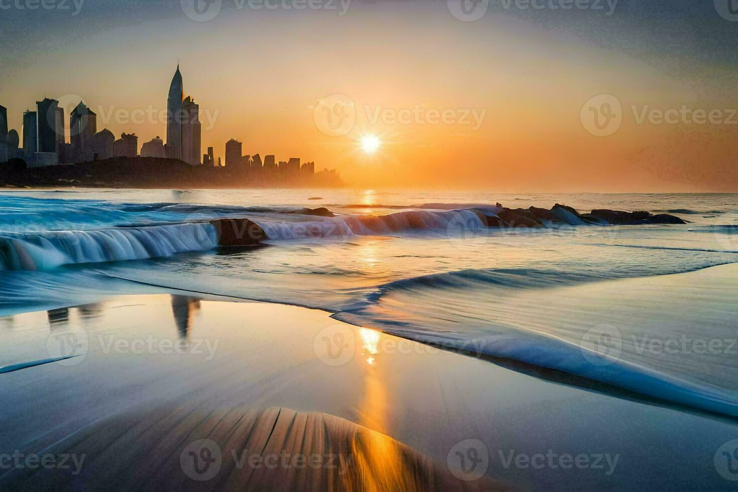 il sole sorge al di sopra di il oceano e città orizzonte. ai-generato foto