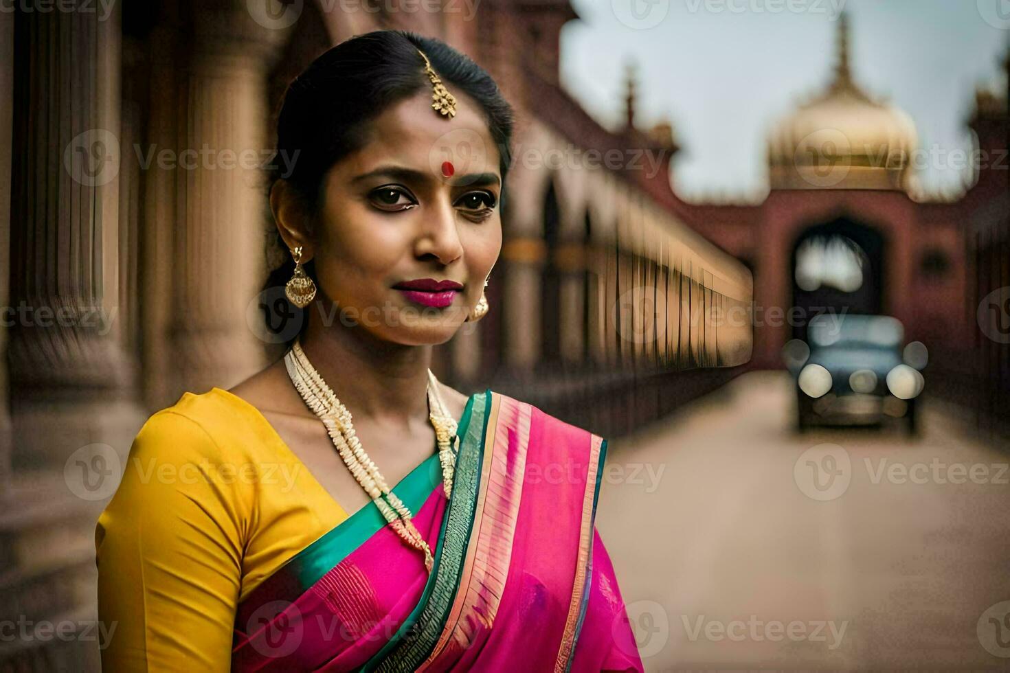 un' bellissimo indiano donna nel un' colorato sari. ai-generato foto