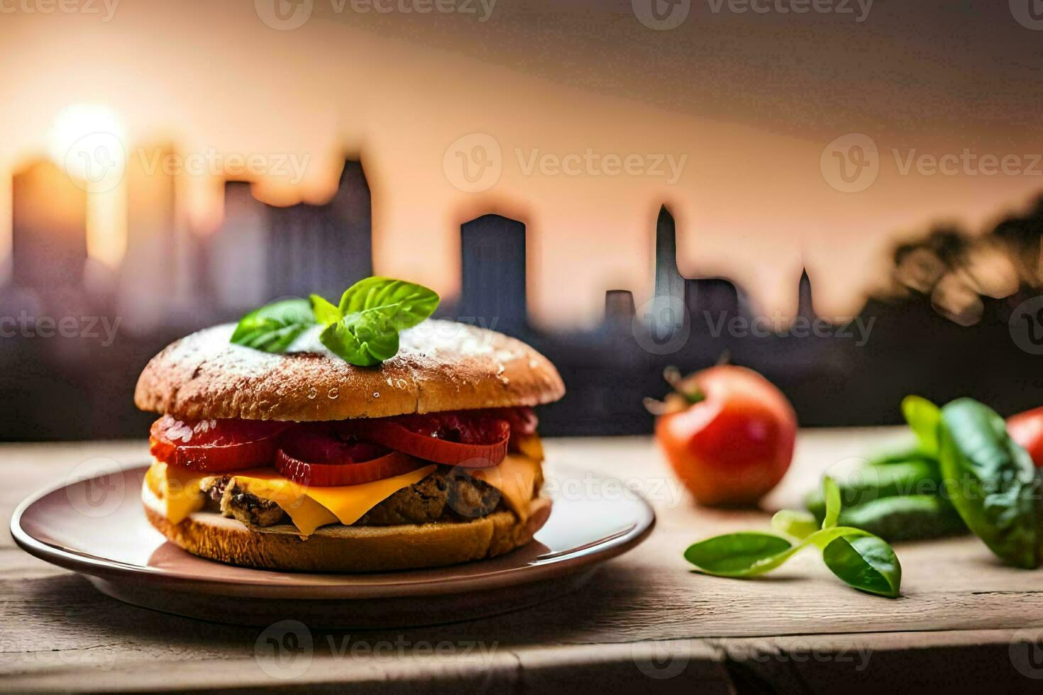 un' hamburger al formaggio con pomodori e formaggio su un' piatto. ai-generato foto
