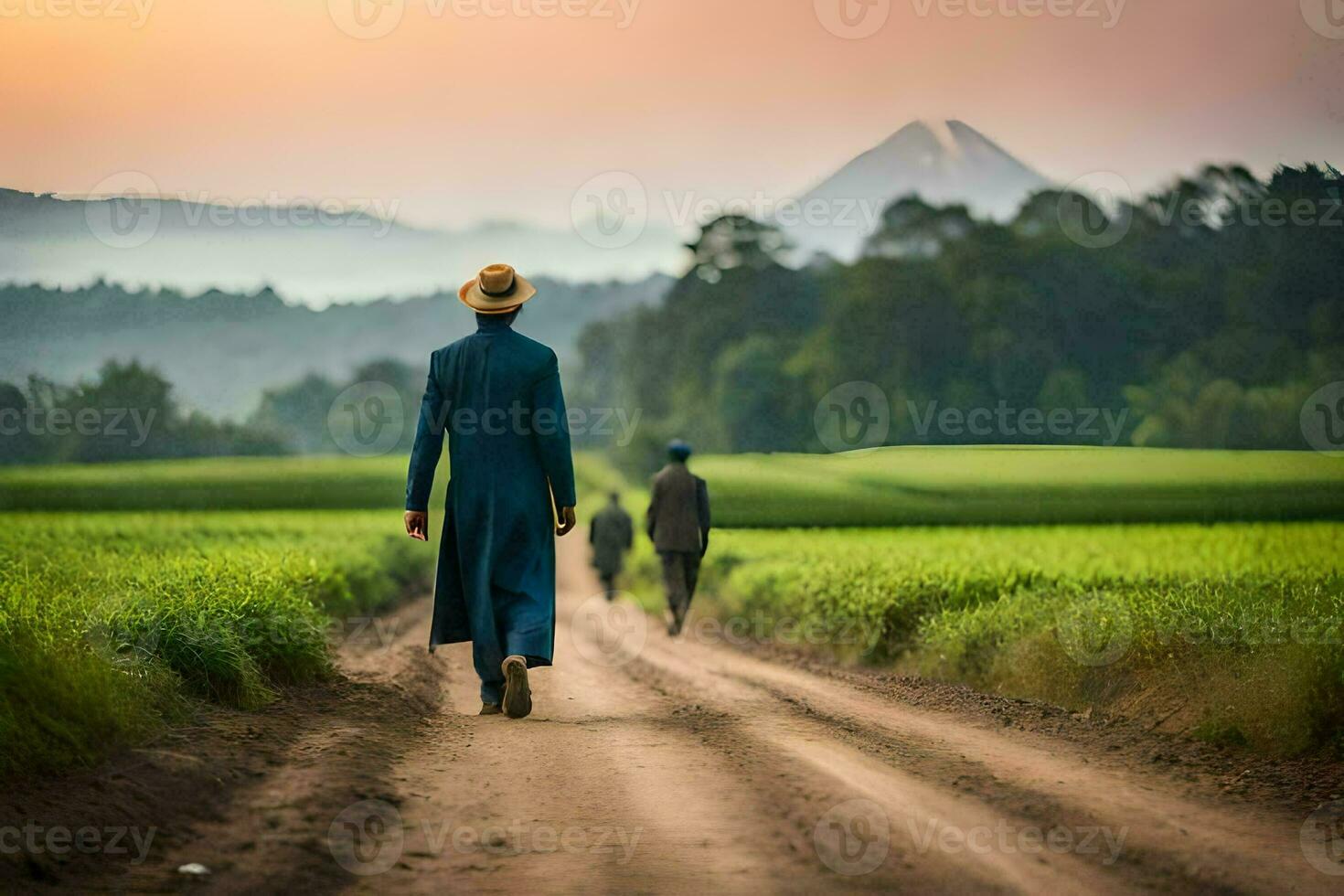 un' uomo nel un' blu completo da uomo passeggiate giù un' sporco strada. ai-generato foto