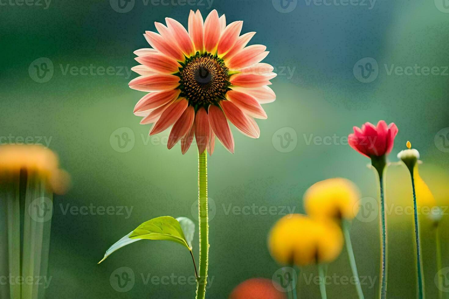 un' singolo rosa fiore è in piedi nel davanti di un' campo di giallo e rosso fiori. ai-generato foto