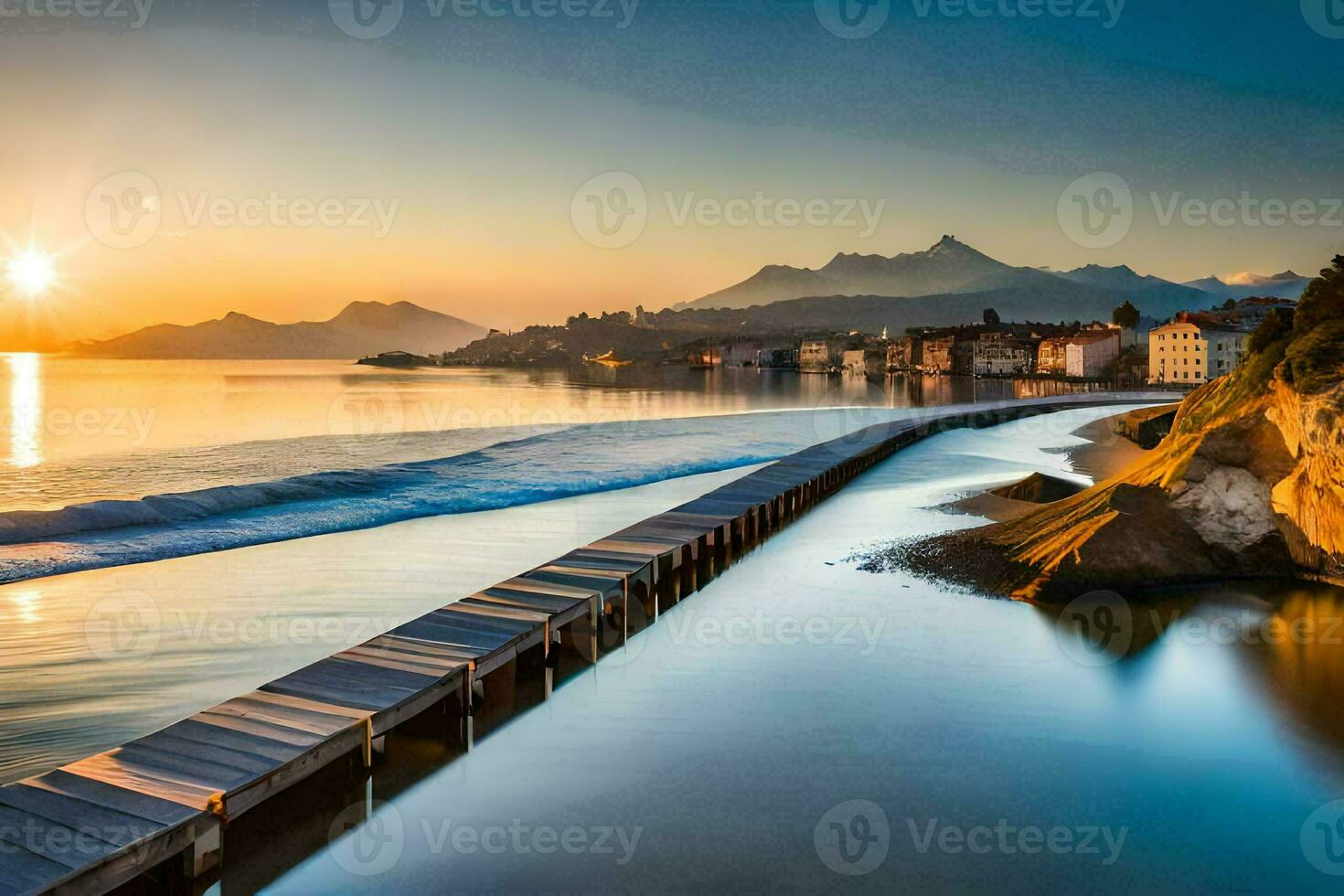 il sole sorge al di sopra di il acqua e montagne nel Questo foto. ai-generato foto