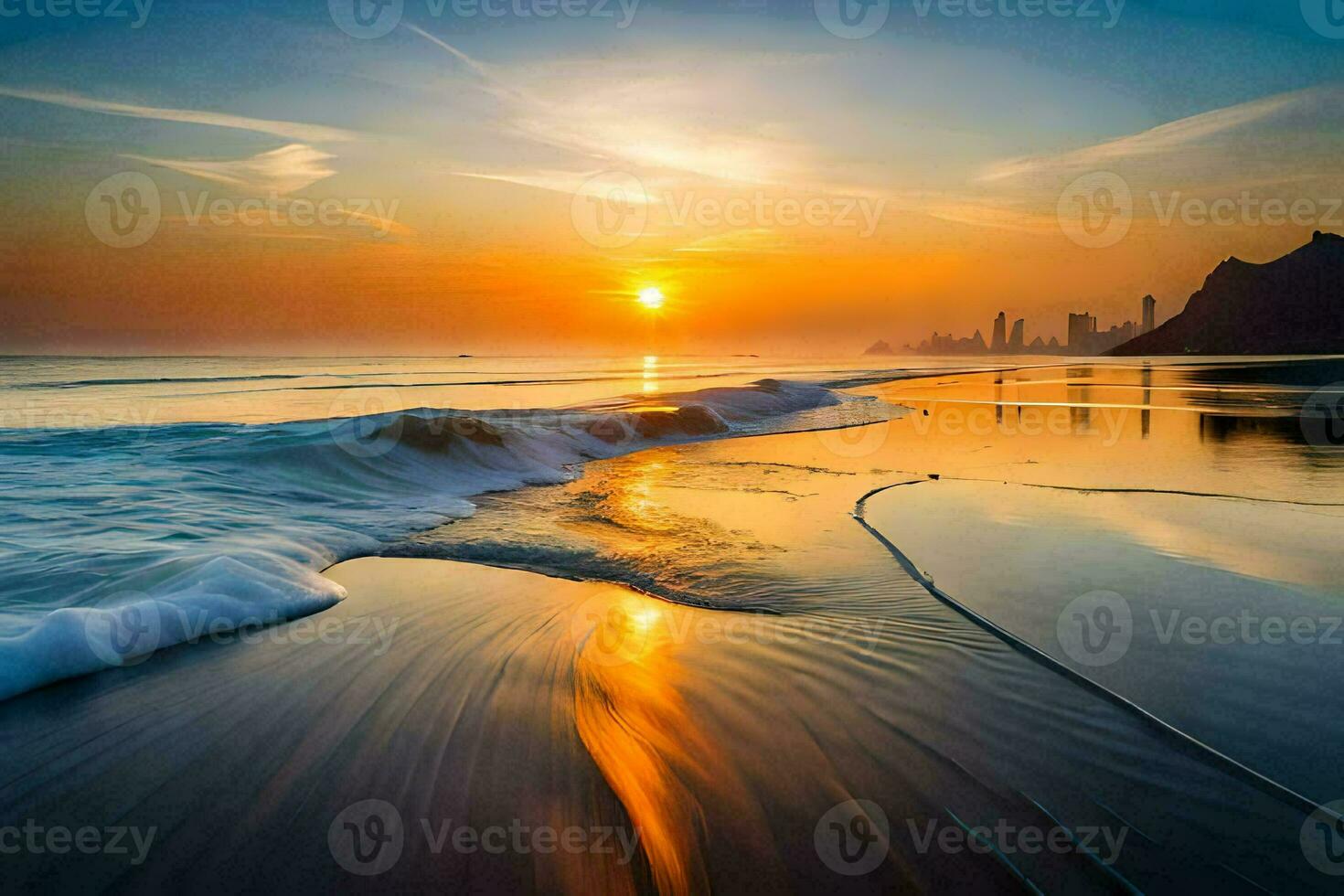 tramonto su il spiaggia, onde, acqua, spiaggia, HD sfondo. ai-generato foto