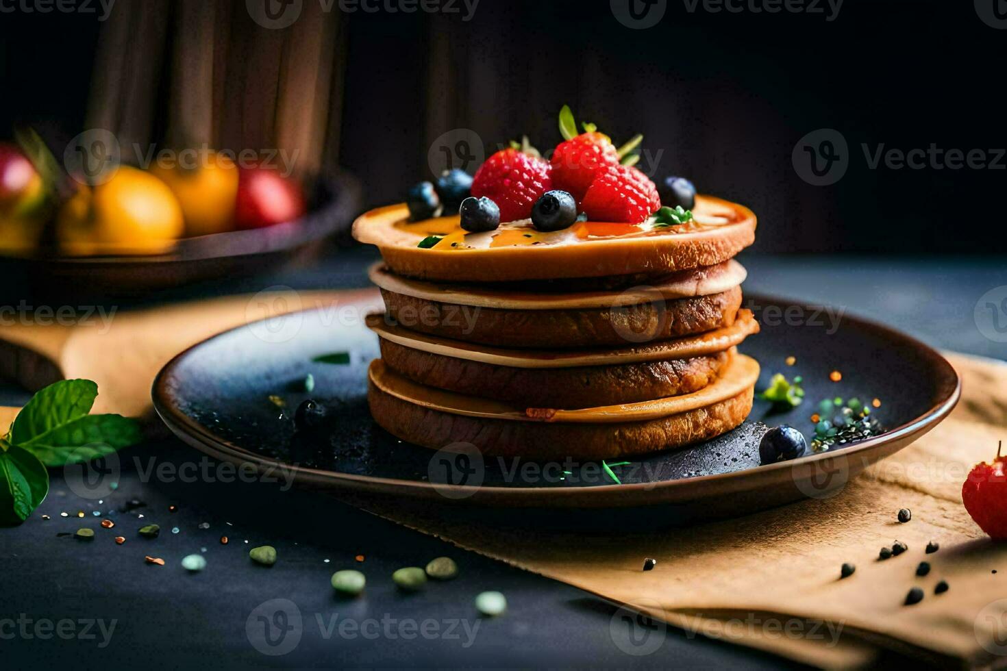 pila di Pancakes con frutti di bosco e frutti di bosco. ai-generato foto