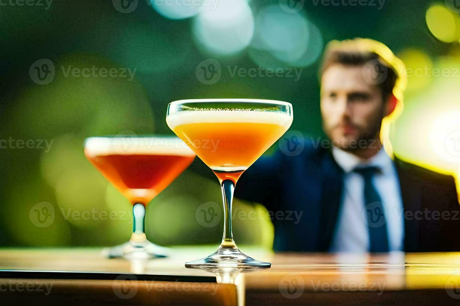 un' uomo nel un' completo da uomo è Tenere Due bicchieri di cocktail. ai-generato foto
