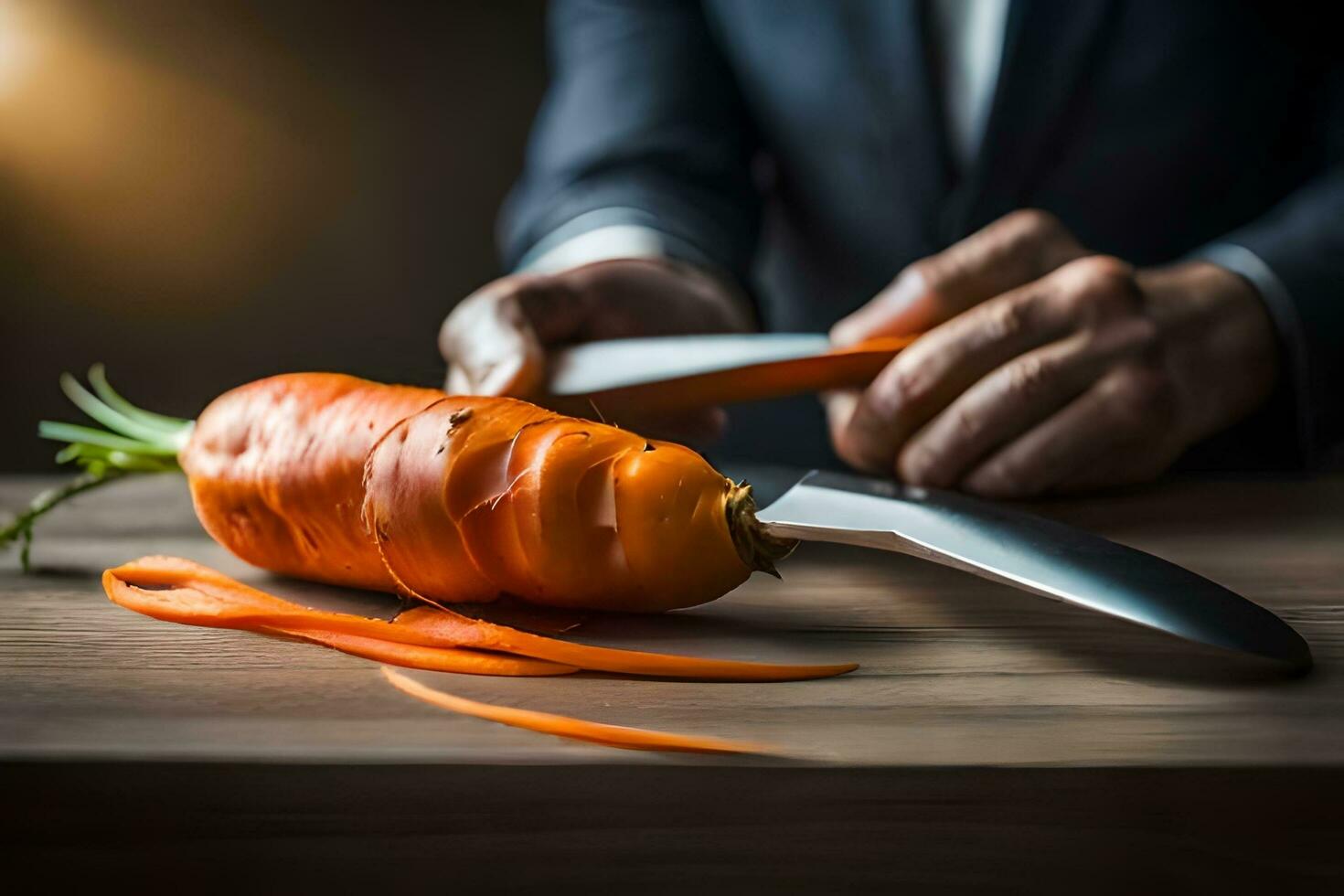 un' uomo nel un' completo da uomo è taglio un' carota. ai-generato foto