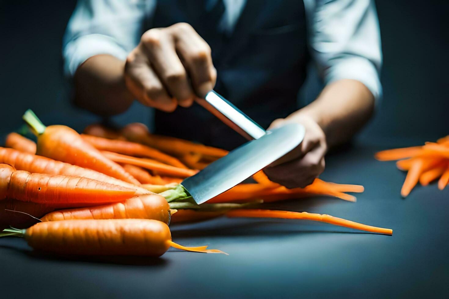 un' uomo è taglio carote con un' coltello. ai-generato foto