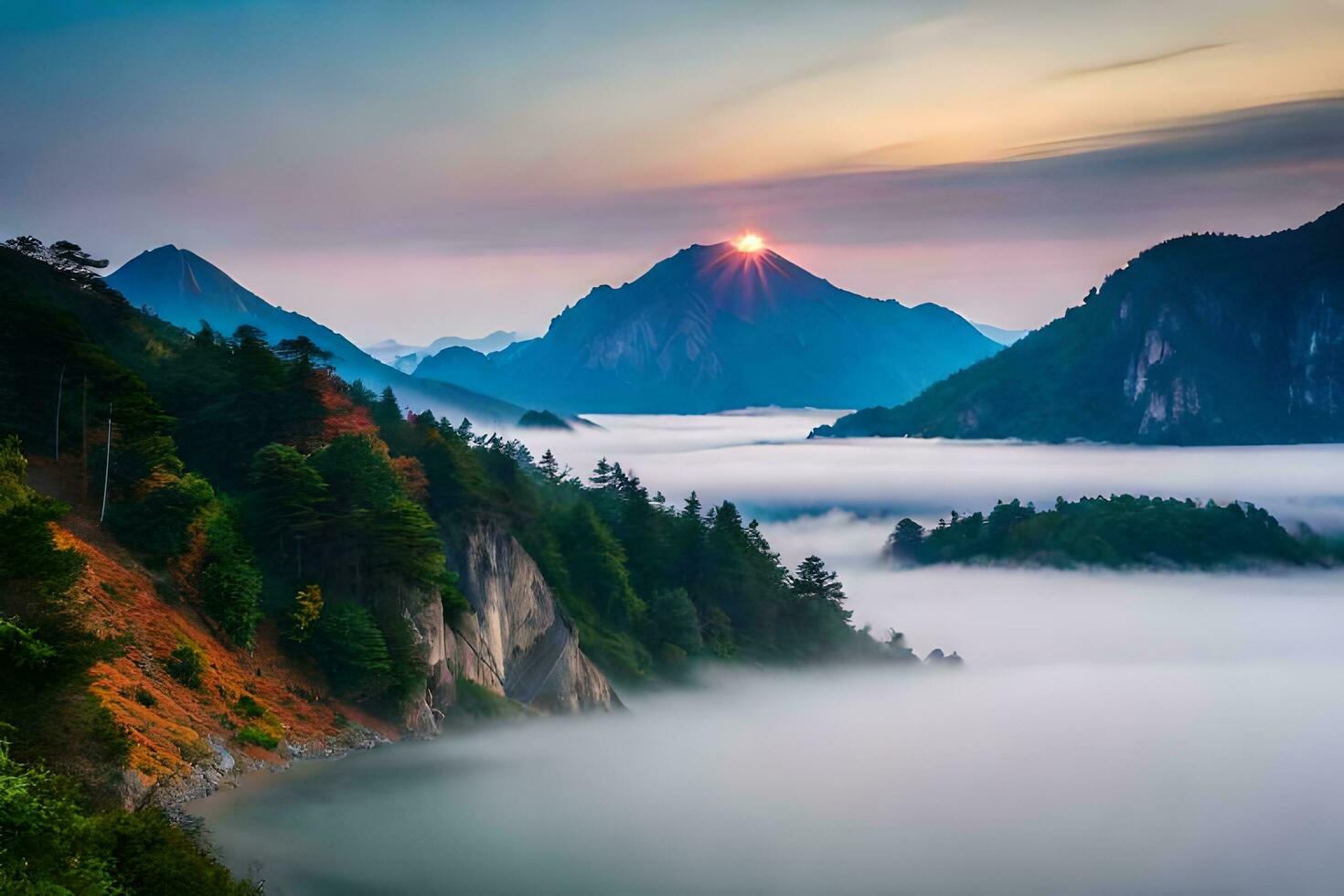 il sole sorge al di sopra di il montagne e nebbia nel Questo foto. ai-generato foto