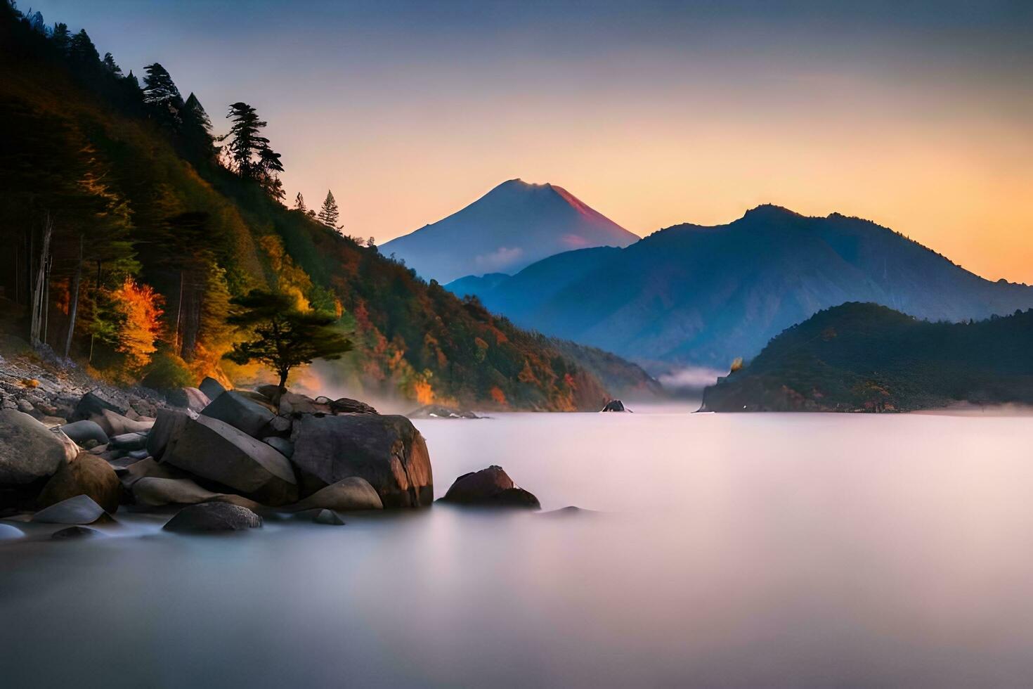 un' bellissimo tramonto al di sopra di un' lago con montagne nel il sfondo. ai-generato foto