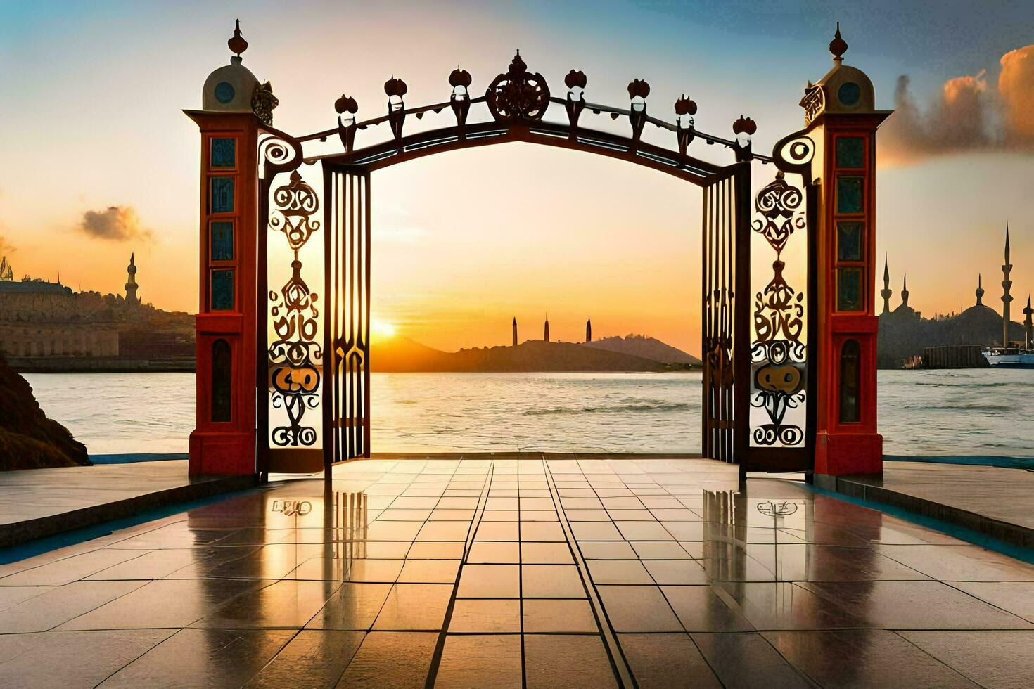 il cancello per il mare a tramonto. ai-generato foto