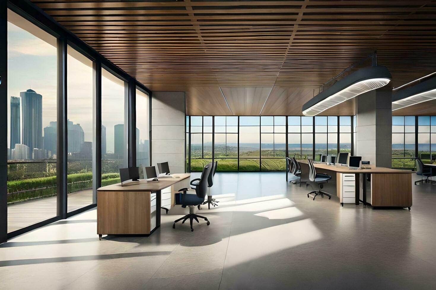 ufficio spazio con grande finestre e di legno soffitto. ai-generato foto