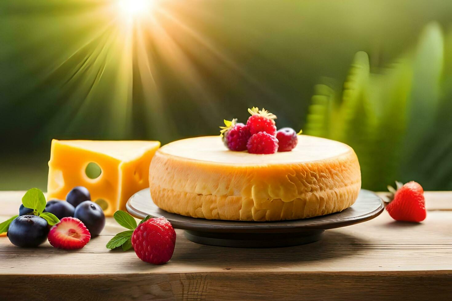 formaggio torta con frutti di bosco e formaggio su di legno tavolo. ai-generato foto