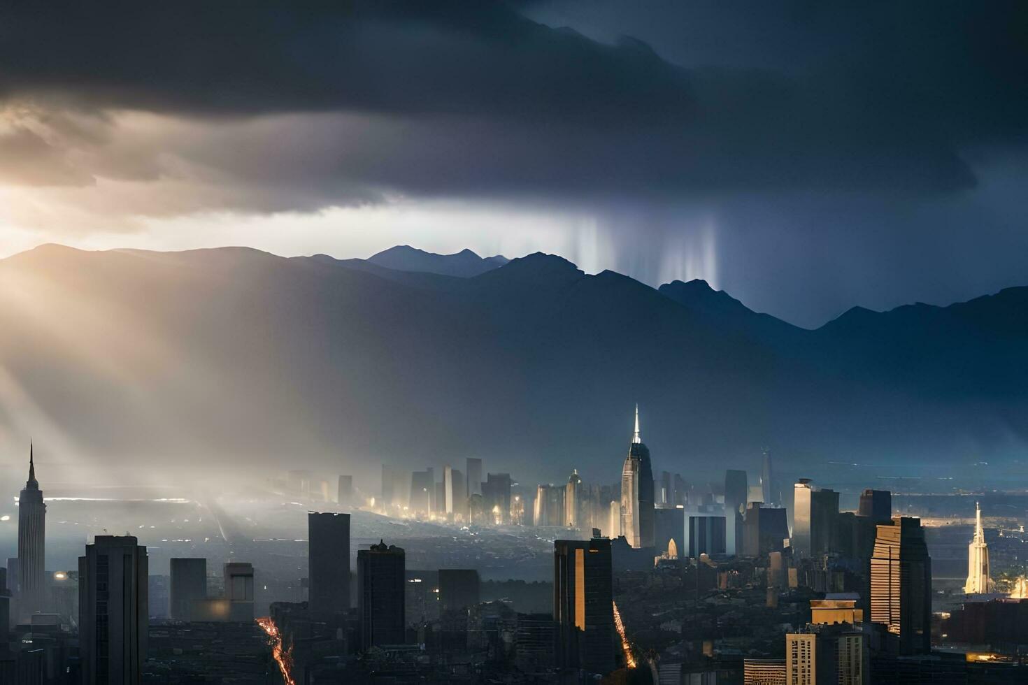 un' città orizzonte con montagne e sole raggi. ai-generato foto