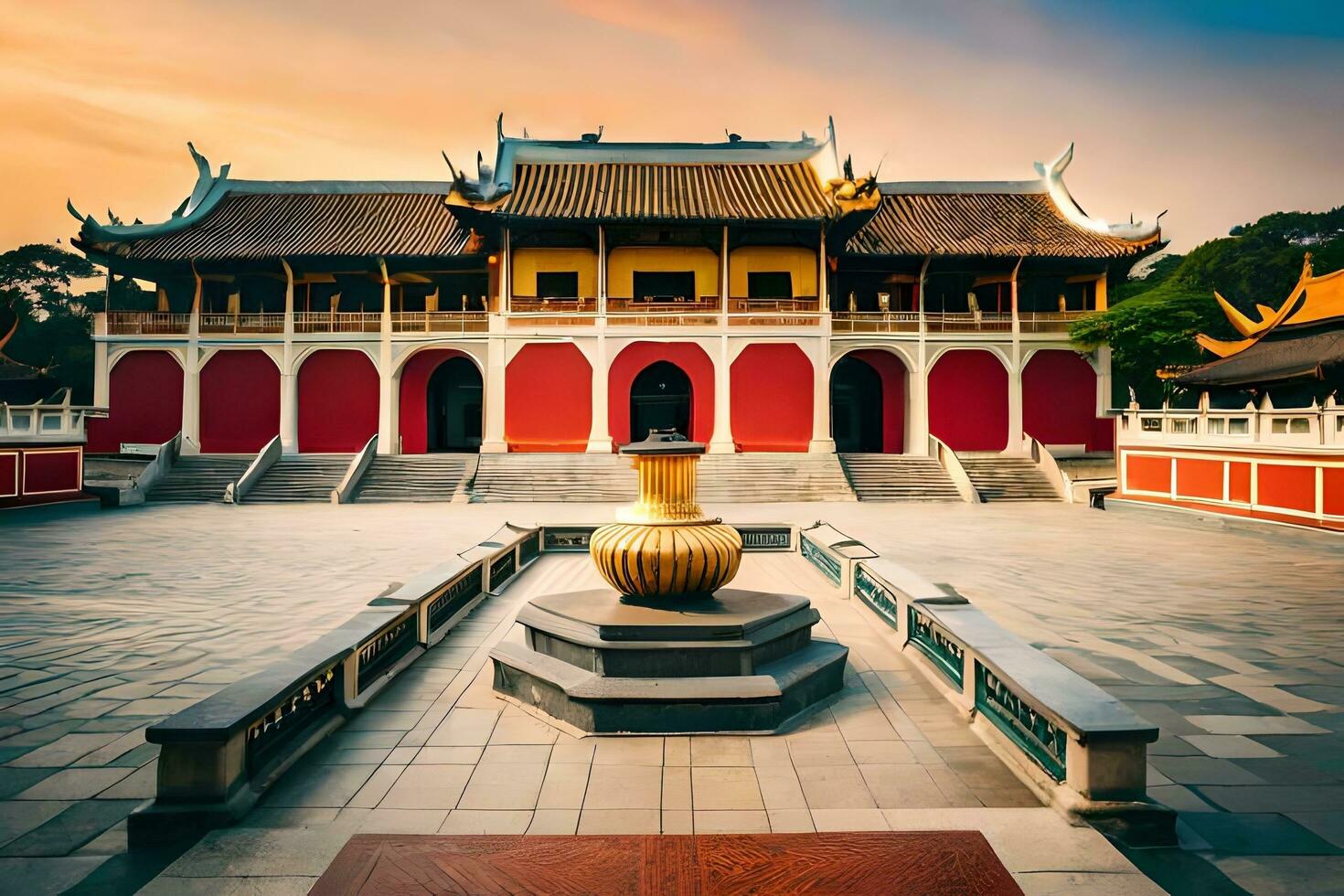 il d'oro vaso nel il cortile di il imperiale palazzo nel ho chi minh città, v. ai-generato foto