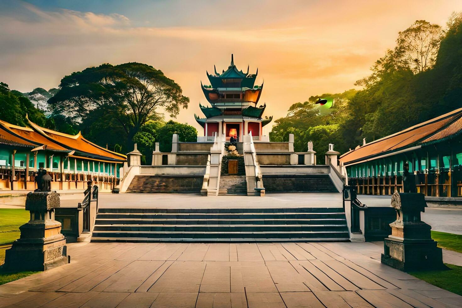 il pagoda a tramonto nel un' parco. ai-generato foto