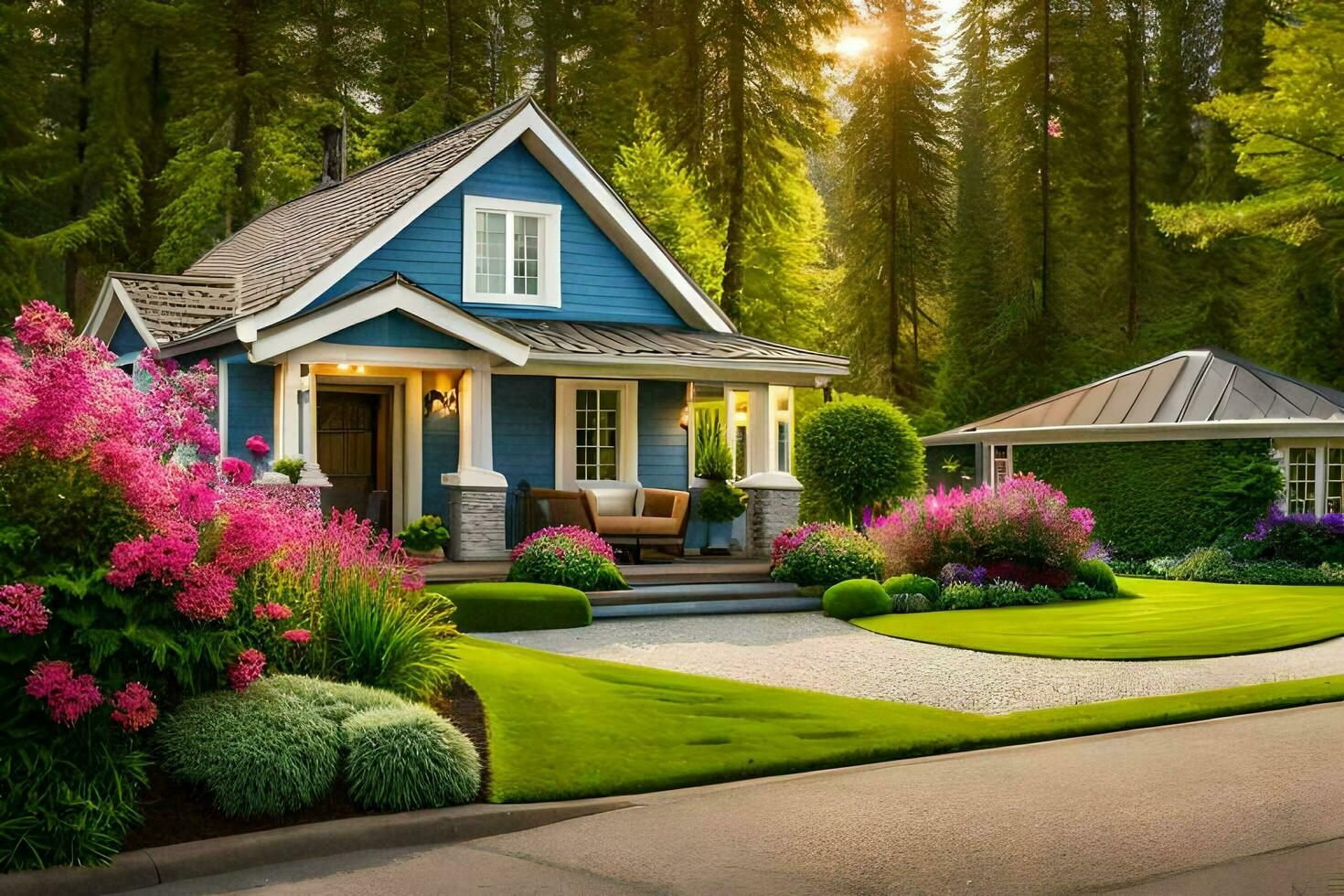 un' blu Casa con un' viale e fiori nel il davanti cortile. ai-generato foto