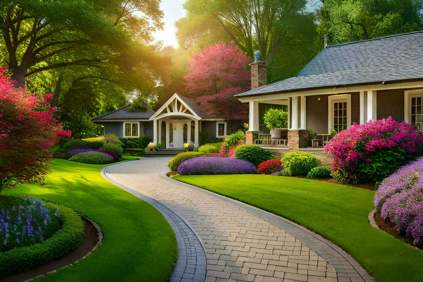 un' bellissimo giardino con colorato fiori e alberi. ai-generato foto