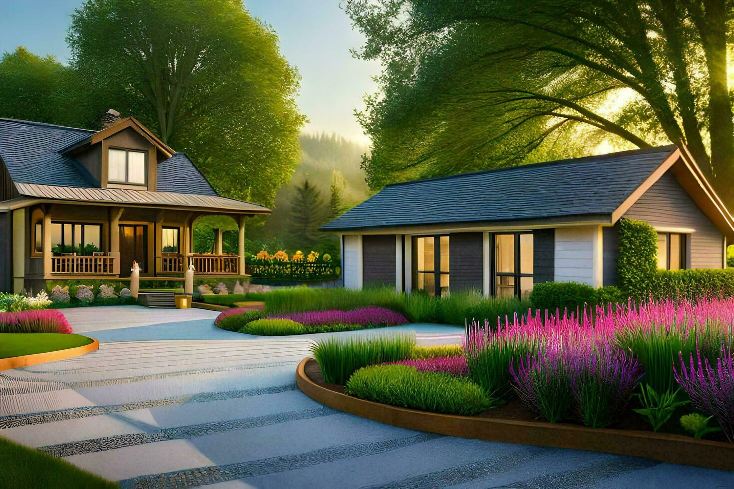 un' Casa con un' viale e un' giardino. ai-generato foto