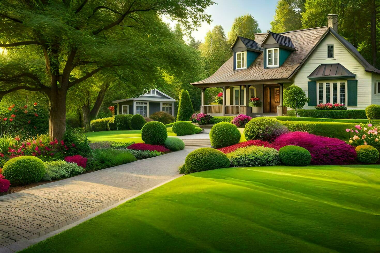 bellissimo paesaggio con un' Casa e giardino. ai-generato foto