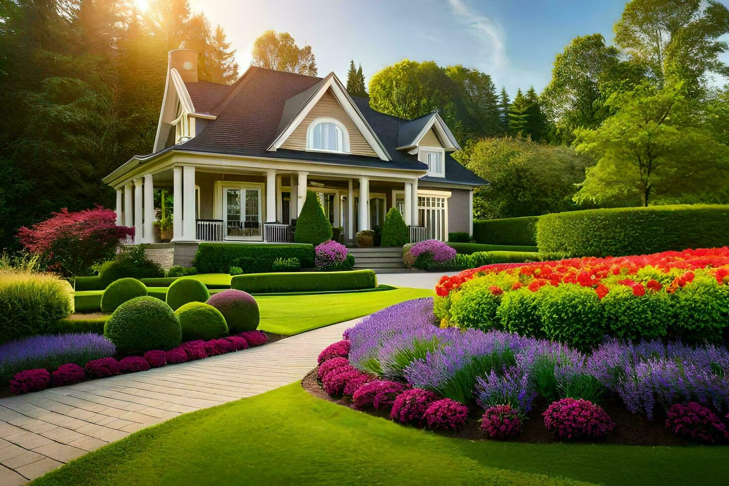 bellissimo paesaggio con un' Casa e giardino. ai-generato foto