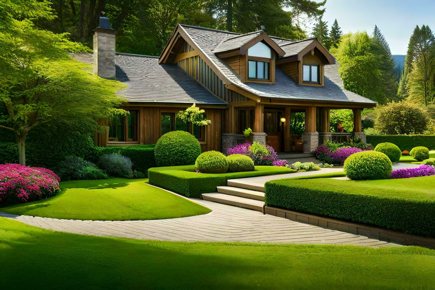un' bellissimo casa con lussureggiante verde prato e alberi. ai-generato foto