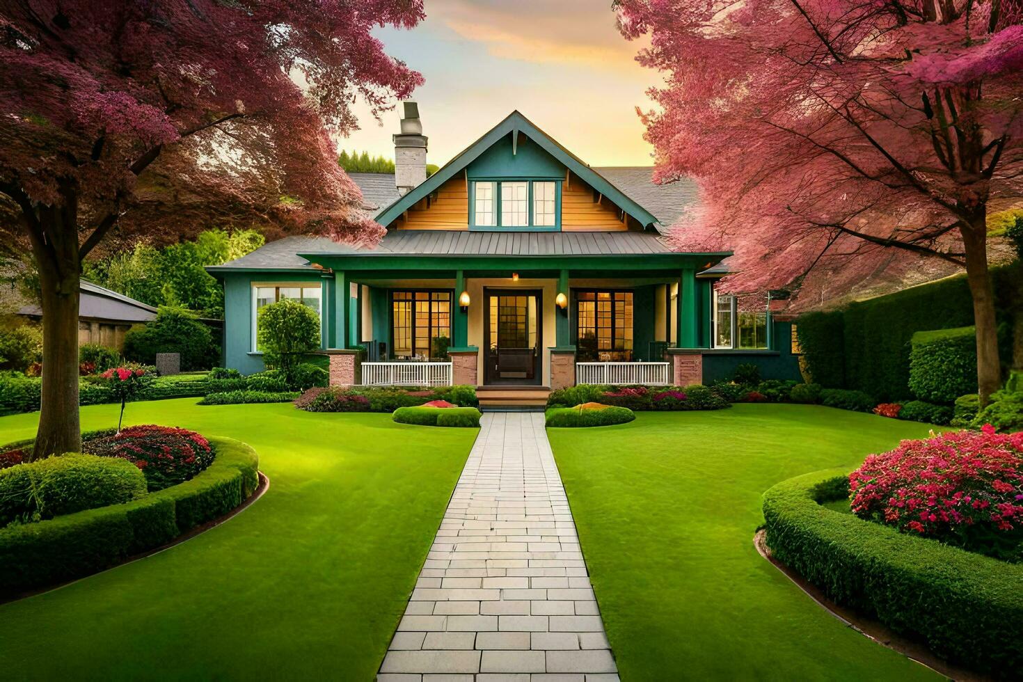 un' bellissimo Casa con un' verde davanti porta e un' rosa albero. ai-generato foto