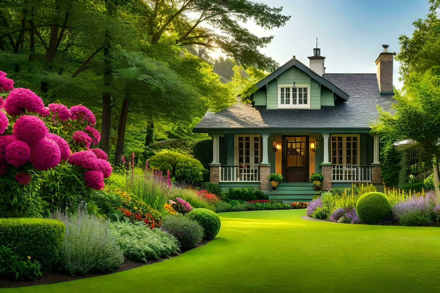 un' bellissimo Casa con lussureggiante verde prato e fiori. ai-generato foto